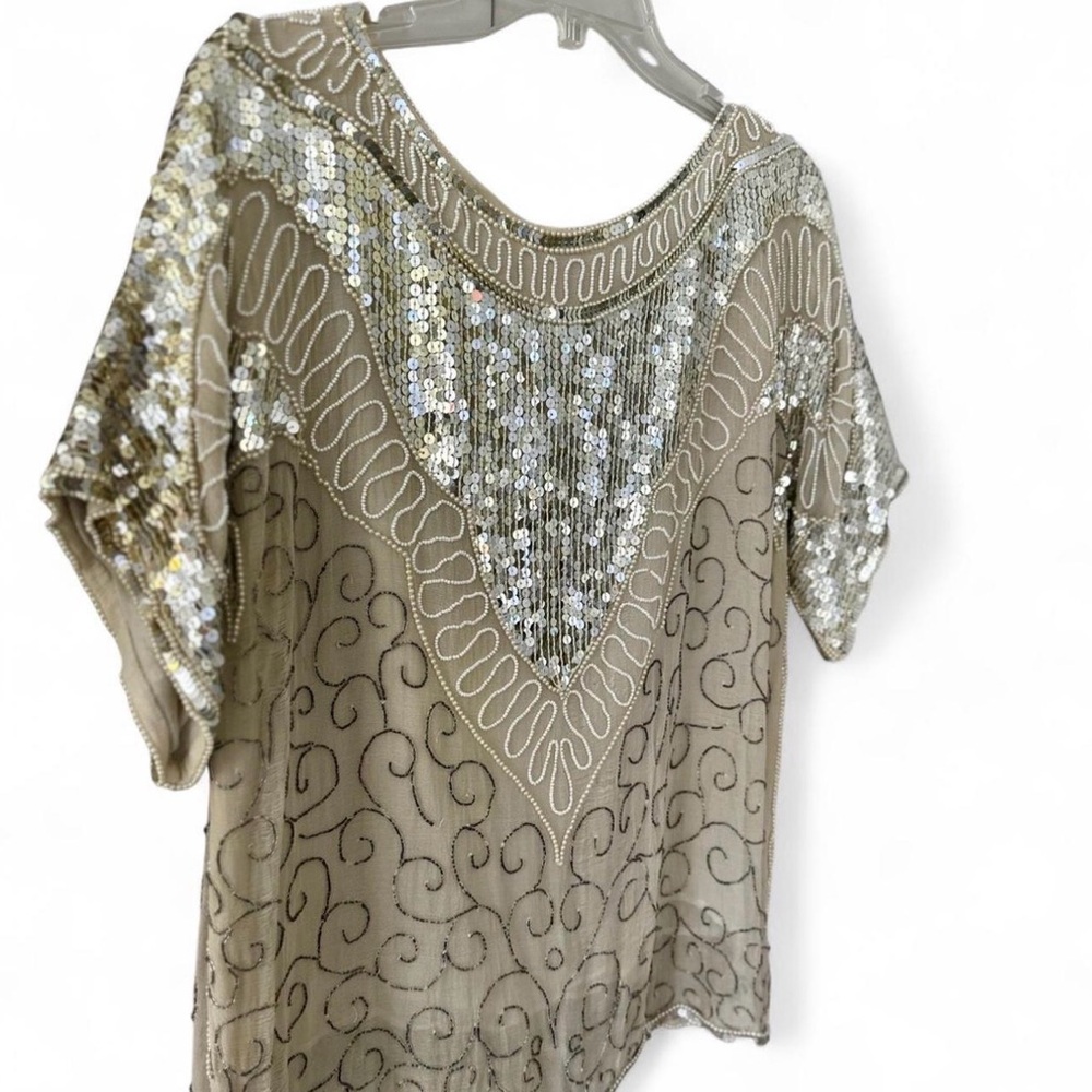 Vintage Silk Beaded Sequin Beige Top